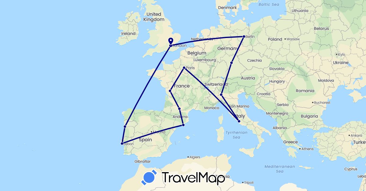 TravelMap itinerary: driving in Germany, Spain, France, United Kingdom, Italy, Portugal (Europe)
